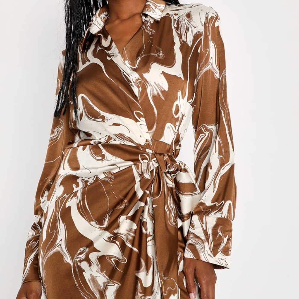 Artistic Aesthetic Brown Swirl Print Satin Collared Wrap Dress